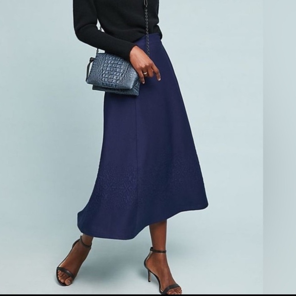 Maeve Anthropologie Maria Navy Embossed Knit Flared Midi Skirt